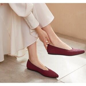 Vivaia Pointed Toe V-Cuts Flats Burgundy Knit Sustainable Shoes Size US 9 EU40